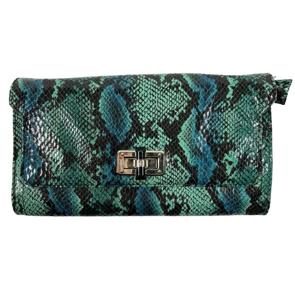 Big Buddha Jdara Emerald/Blue/Black Faux Python Snakeskin Print Clutch NWT